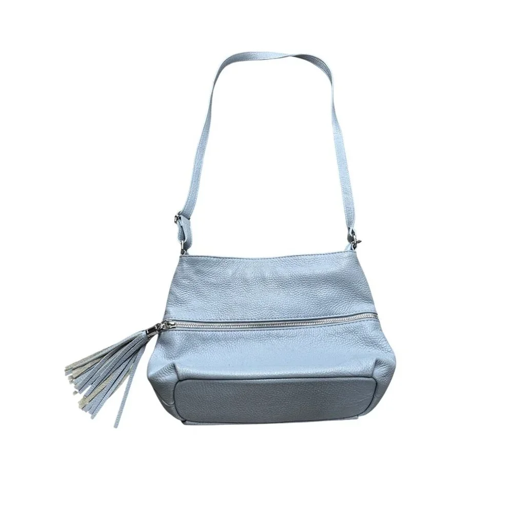 Italian-Made Light Blue Genuine Leather Shoulder Bag With Zip Closure & Tassel - Picture 3 of 9